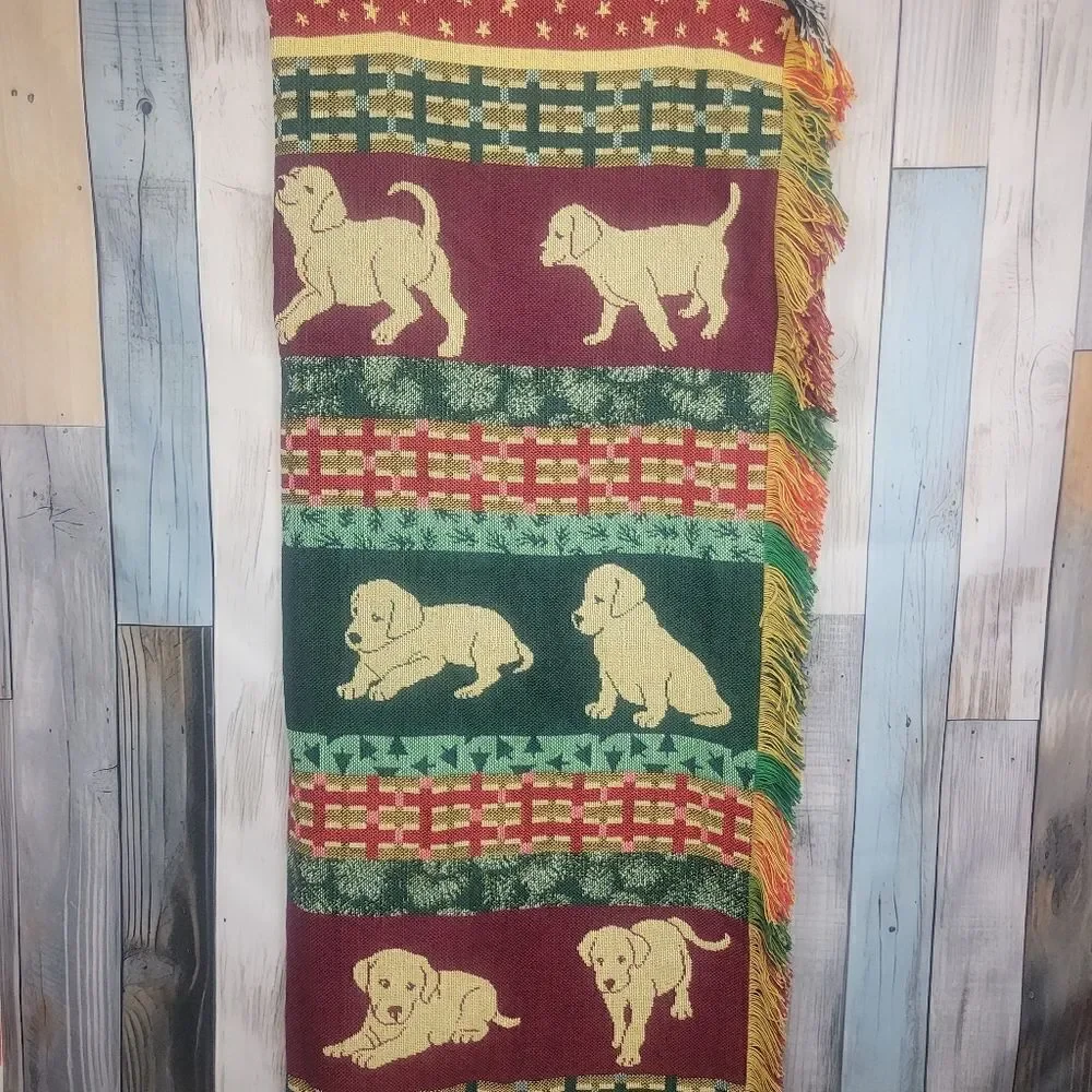Dog Puppy Pattern Blanket Afgan Red Green Fringe Sides - Picture 3 of 6